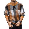 imageOYOANGLE Mens Color Block Plaid Print Long Sleeve Crew Neck Sweater Pullover TopsBrown and Orange