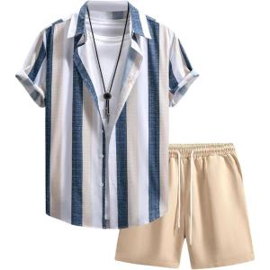 imageOYOANGLE Mens 2 Piece Outfits Beach Matching Sets Summer Short Sleece Shirt and Shorts Vacation OutfitsBlue Khaki