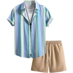 imageOYOANGLE Mens 2 Piece Outfits Beach Matching Sets Summer Short Sleece Shirt and Shorts Vacation OutfitsKhaki