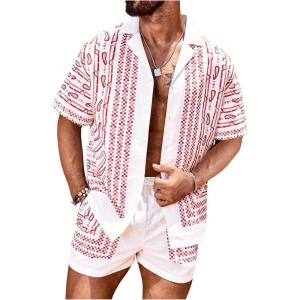 imageOYOANGLE Mens 2 Piece Outfits Beach Matching Sets Summer Tropical Shirt and Shorts Vacation OutfitsWhite and Red
