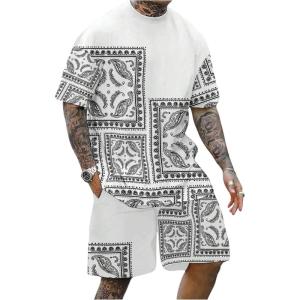imageOYOANGLE Mens 2 Piece Outfits Boho Paisley Print Short Sleeve Top and Drawstring Shorts Set TracksuitsWhite