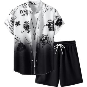 imageOYOANGLE Mens 2 Piece OutfitsButton Down Short Sleeve Floral Shirt and Drawstring Shorts Summer Beach SetsBlack and White