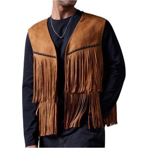 imageOYOANGLE Mens Casual Suede Top Shirt Boho Fringe Trim Open Front Sleeveless Vest Jacket WaistcoatBrown