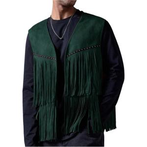 imageOYOANGLE Mens Casual Suede Top Shirt Boho Fringe Trim Open Front Sleeveless Vest Jacket WaistcoatDark Green