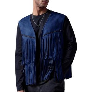 imageOYOANGLE Mens Casual Suede Top Shirt Boho Fringe Trim Open Front Sleeveless Vest Jacket WaistcoatDeep Blue