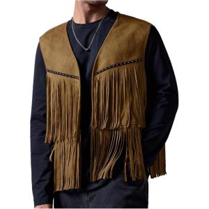 imageOYOANGLE Mens Casual Suede Top Shirt Boho Fringe Trim Open Front Sleeveless Vest Jacket WaistcoatLight Brown
