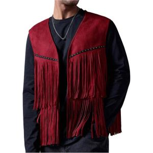 imageOYOANGLE Mens Casual Suede Top Shirt Boho Fringe Trim Open Front Sleeveless Vest Jacket WaistcoatRed