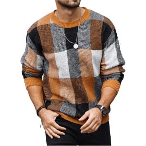 imageOYOANGLE Mens Color Block Plaid Print Long Sleeve Crew Neck Sweater Pullover TopsBrown and Orange