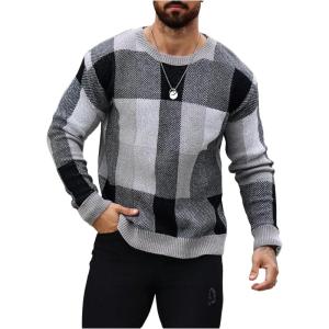 imageOYOANGLE Mens Color Block Plaid Print Long Sleeve Crew Neck Sweater Pullover TopsGrey