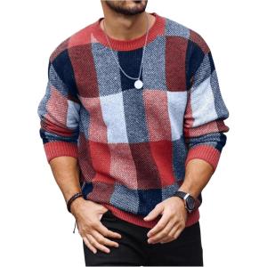 imageOYOANGLE Mens Color Block Plaid Print Long Sleeve Crew Neck Sweater Pullover TopsRed and Blue