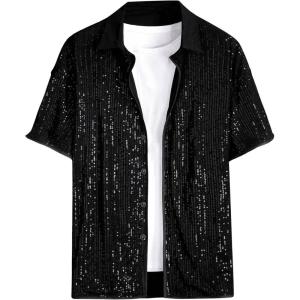 imageOYOANGLE Mens Sequin Shiny Button Down Shirt Short Sleeve Collared Shirts Party Holiday TopsBlack