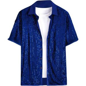 imageOYOANGLE Mens Sequin Shiny Button Down Shirt Short Sleeve Collared Shirts Party Holiday TopsBlue