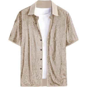 imageOYOANGLE Mens Sequin Shiny Button Down Shirt Short Sleeve Collared Shirts Party Holiday TopsChampagne