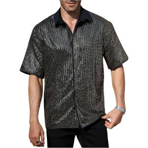 imageOYOANGLE Mens Sequin Shiny Button Down Shirt Short Sleeve Collared Shirts Party Holiday TopsDark Black