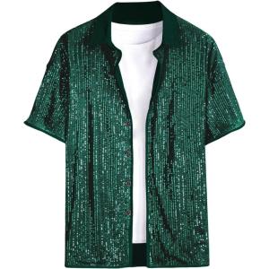 imageOYOANGLE Mens Sequin Shiny Button Down Shirt Short Sleeve Collared Shirts Party Holiday TopsDark Green