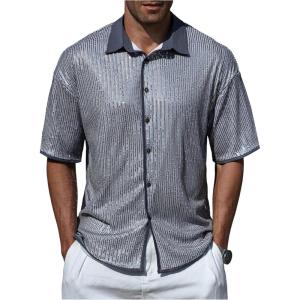 imageOYOANGLE Mens Sequin Shiny Button Down Shirt Short Sleeve Collared Shirts Party Holiday TopsLight Grey