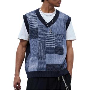 imageOYOANGLE Mens Vintage Plaid Print Sweater Vest Sleeveless V Neck Pullover Knit Tank TopsBlue