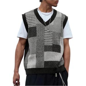 imageOYOANGLE Mens Vintage Plaid Print Sweater Vest Sleeveless V Neck Pullover Knit Tank TopsGrey