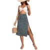 imageOYOANGLE Womens Boho Floral Print High Waisted A Line Split Thigh Summer Midi SkirtDark Blue