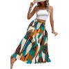 imageOYOANGLE Womens Boho Geo Print Elastic High Waist Flowy Pleated Maxi Skirt Vacation SkirtsGreen and Beige
