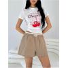 imageOYOANGLE Womens Color Block Straight Leg Summer Shorts Letter Patched Casual Lounge ShortsKhaki