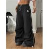 imageOYOANGLE Womens Contrast Binding Cargo Pants Drawstring Elastic Waist Baggy Parachute Pants StreetwearBlack