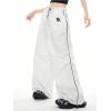 imageOYOANGLE Womens Contrast Binding Cargo Pants Drawstring Elastic Waist Baggy Parachute Pants StreetwearWhite