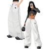 imageOYOANGLE Womens Contrast Binding Cargo Pants Drawstring Elastic Waist Baggy Parachute Pants StreetwearWhite