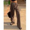 imageOYOANGLE Womens Graphic Print Drawstring Elastic High Waist Long Pants Y2k Wide Leg Casual Trousers with PocketsBrown