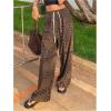 imageOYOANGLE Womens Graphic Print Drawstring Elastic High Waist Long Pants Y2k Wide Leg Casual Trousers with PocketsBrown