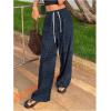 imageOYOANGLE Womens Graphic Print Drawstring Elastic High Waist Long Pants Y2k Wide Leg Casual Trousers with PocketsDark Blue