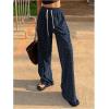 imageOYOANGLE Womens Graphic Print Drawstring Elastic High Waist Long Pants Y2k Wide Leg Casual Trousers with PocketsDark Blue