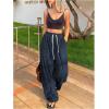 imageOYOANGLE Womens Graphic Print Drawstring Elastic High Waist Long Pants Y2k Wide Leg Casual Trousers with PocketsDark Blue
