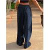 imageOYOANGLE Womens Graphic Print Drawstring Elastic High Waist Long Pants Y2k Wide Leg Casual Trousers with PocketsDark Blue