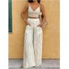 imageOYOANGLE Womens High Waisted Drawstring Palazzo Pants Contrast Lace Sheer Wide Leg Trousers with PocketWhite
