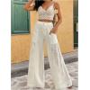 imageOYOANGLE Womens High Waisted Drawstring Palazzo Pants Contrast Lace Sheer Wide Leg Trousers with PocketWhite