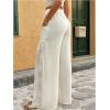 imageOYOANGLE Womens High Waisted Drawstring Palazzo Pants Contrast Lace Sheer Wide Leg Trousers with PocketWhite