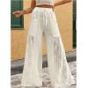 imageOYOANGLE Womens High Waisted Drawstring Palazzo Pants Contrast Lace Sheer Wide Leg Trousers with PocketWhite