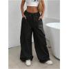 imageOYOANGLE Womens Low Waist Cargo Pants Wide Leg Y2K Parachute Trousers with PocketsBlack