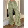 imageOYOANGLE Womens Plaid Print Linen Long Pants Elastic High Waisted Wide Leg Y2K Loose Casual TrousersGreen