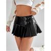 imageOYOANGLE Womens Pu Leather Buckled Mini Skirts Low Waist Pleated A Line Short SkirtBlack