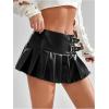imageOYOANGLE Womens Pu Leather Buckled Mini Skirts Low Waist Pleated A Line Short SkirtBlack
