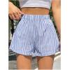 imageOYOANGLE Womens Striped Print High Waisted Shorts Elastic Waist Wide Leg Loose Casual ShortsBlue and White