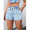 imageOYOANGLE Womens Vintage Drawstring Waist Denim Shorts Straight Leg Jean Shorts with PocketLight Wash