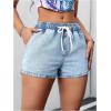 imageOYOANGLE Womens Vintage Drawstring Waist Denim Shorts Straight Leg Jean Shorts with PocketLight Wash
