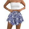 imageOYOANGLE Womens Boho Floral Print High Elastic Waist Shorts Ruffle Hem Wide Leg Casual ShortsBlue and White