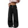 imageOYOANGLE Womens Contrast Binding Cargo Pants Drawstring Elastic Waist Baggy Parachute Pants StreetwearBlack