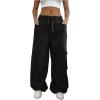 imageOYOANGLE Womens Low Waist Cargo Pants Wide Leg Y2K Parachute Trousers with PocketsBlack