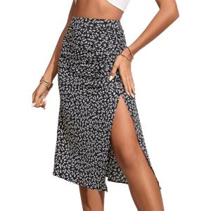 imageOYOANGLE Womens Boho Floral Print High Waisted A Line Split Thigh Summer Midi SkirtBlack
