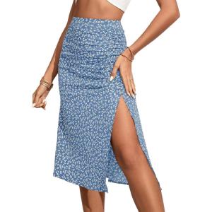 imageOYOANGLE Womens Boho Floral Print High Waisted A Line Split Thigh Summer Midi SkirtBlue